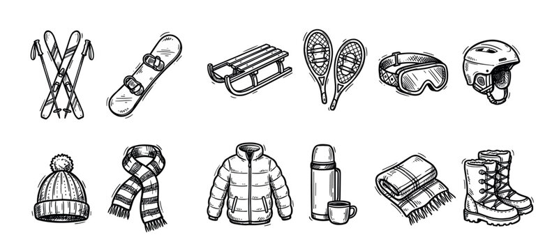 Set of hand-drawn winter sports equipment and warm clothing icons including skis, snowboard, sled, jacket, and hat in a black and white sketch doodle illustration style