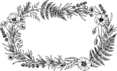 Botanical Wreath with Lavender Poppies and Ferns in Hand Drawn Sketch Style © Ishtiaq