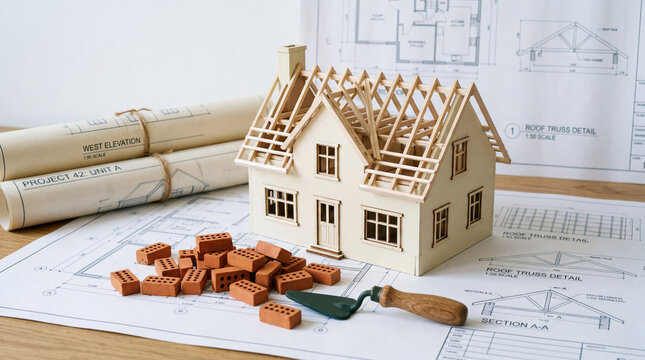 A miniature wooden house model under construction with bricks and tools on architectural blueprints