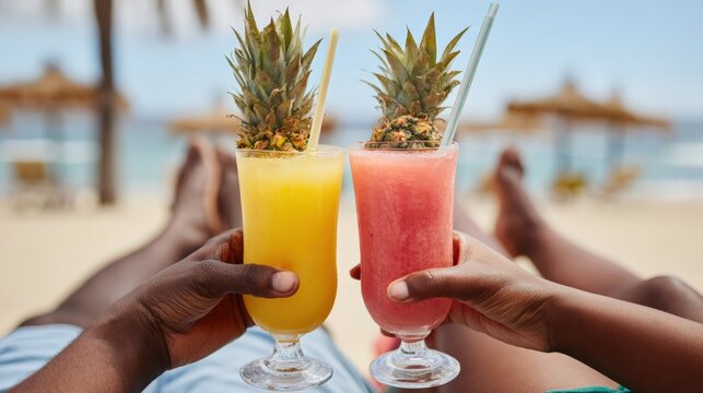 Two people holding tropical drinks while lounging on beach