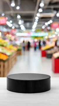 Black round pedestal displayed empty in supermarket interior