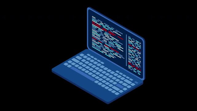 Isometric laptop animation. 3d isometric laptop computer. Abstract programming language and program code on a laptop screen. Transparent background with alpha channel