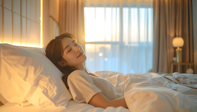 A serene moment of a person lying comfortably in bed with eyes closed