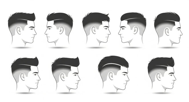 Multiple Male Profile Head Illustrations Showing Haircuts.