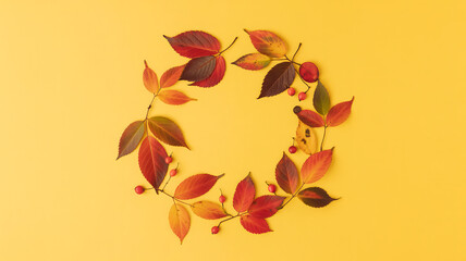 Fototapeta premium Autumn leaves wreath on yellow background with fall foliage, seasonal decoration