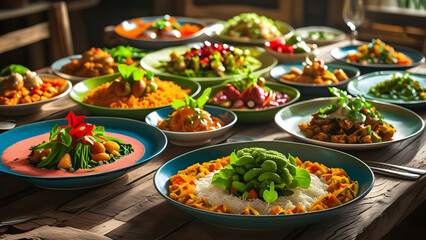 Fototapeta premium Diverse Indian Cuisine Feast Table, Colorful Appetizers, Main Courses, and Side Dishes