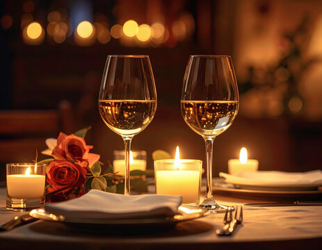 Romantic candlelight dinner setup with wine glasses and roses