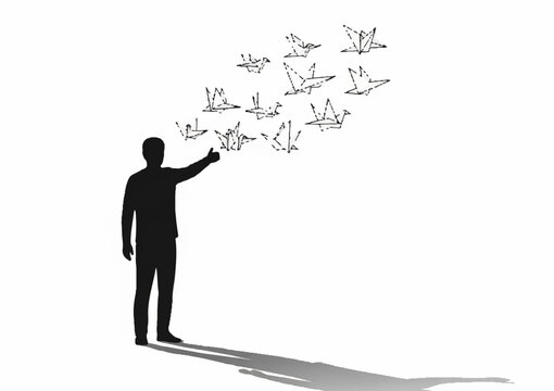 A minimalist vector illustration of a man in a business suit creating a complex flowchart with his hand.