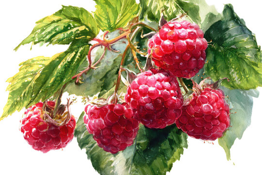 Ripe red raspberries on a green leafy branch isolated on transparent background. Raspberries on branch with green leaves watercolor painting isolated on white background.