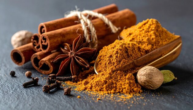 Spices cinnamon sticks, powder, star anise, cloves, nutmeg on dark slate