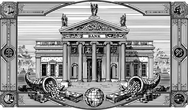 Classical bank building with overflowing cornucopias of coins and globe symbolizing wealth and finance in detailed engraving style