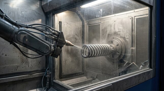 Medium shot of robotic nozzle performing spring surface shot peening inside an enclosed cabinet showcasing precise automated steel shot strengthening on spring surfaces.