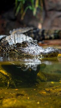 Caiman floats in murky water, half submerged, with sharp, reflective eyes