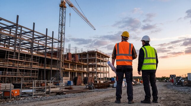 Two construction workers in hard hats and vests examine plans on a building site at dusk.