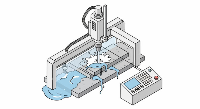 Isometric CNC Waterjet Cutting Machine Illustration with Control Panel and Cooling System for Industrial Manufacturing and Precision Engineering