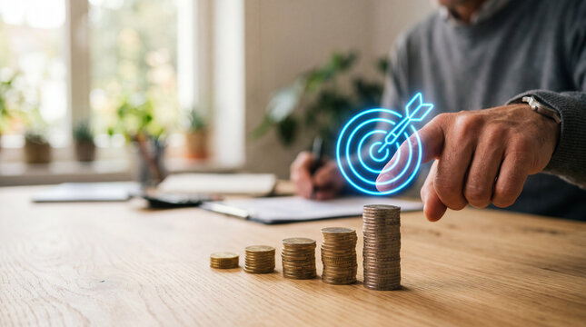 Businessman placing coins in a stack with a target on top in office