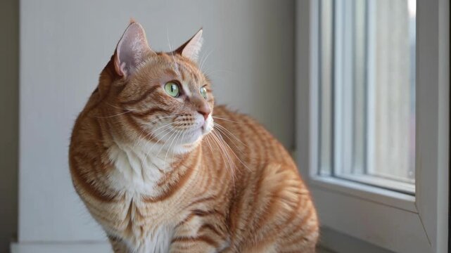 Chat assis pr&egrave;s d&rsquo;une fen&ecirc;tre observant l&rsquo;ext&eacute;rieur, lumi&egrave;re naturelle douce illuminant son pelage, ambiance calme et minimaliste