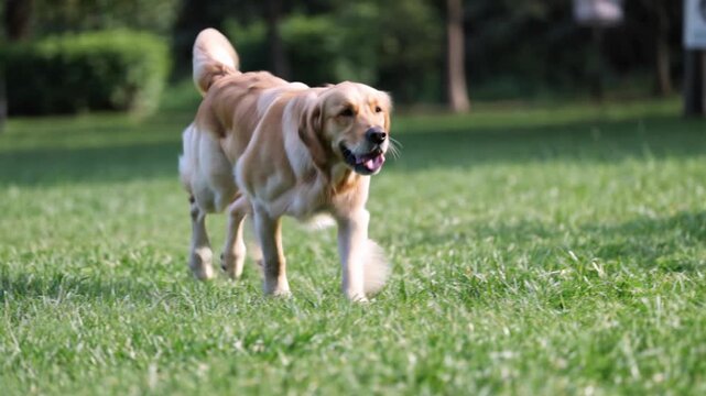 Chien courant dans l&rsquo;herbe ensoleill&eacute;e, mouvement des pattes captur&eacute; en lumi&egrave;re naturelle, &eacute;nergie joyeuse et ambiance de parc minimaliste