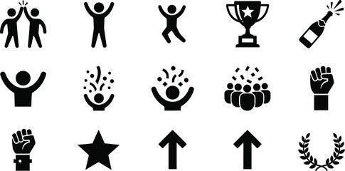 Fototapeta premium Celebration and success icons: trophy champagne confetti fist pump star with celebration, champagne