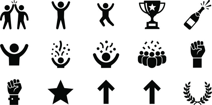Celebration and success icons: trophy champagne confetti fist pump star with celebration, champagne
