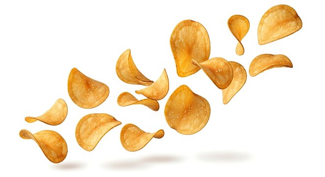 floating potato chips isolated on white background, crispy slices in motion