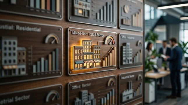 Closefocused medium shot of a REIT portfolio display featuring mixeduse building categories with retail sector yields prominently centered and others blurred.