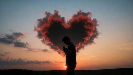 Fototapeta premium Man praying silhouetted before heart cloud at sunset field