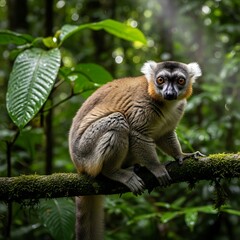 Fototapeta premium Red-fronted Brown Lemur Perched on Branch in Madagascar Rainforest.
