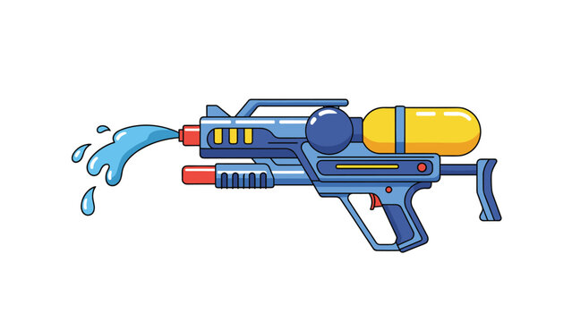 Bright blue and yellow plastic water gun toy shooting a splash of water for outdoor summer play and backyard fun activities on white background.