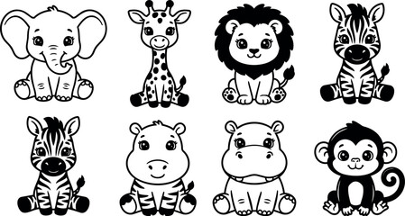 Obraz premium Cute black and white cartoon baby wild animals sitting vector art