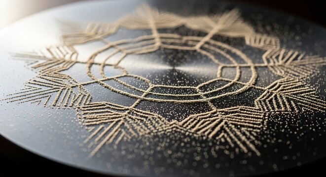 Intricate Microscopic Circuitry Pattern on Metallic Surface.