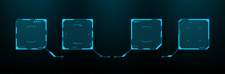 Blue digital interface elements with square data frames. Cybernetic hud vector graphics for sci-fi user screen display. Futuristic technology panel layout for gaming or software design. © marruu