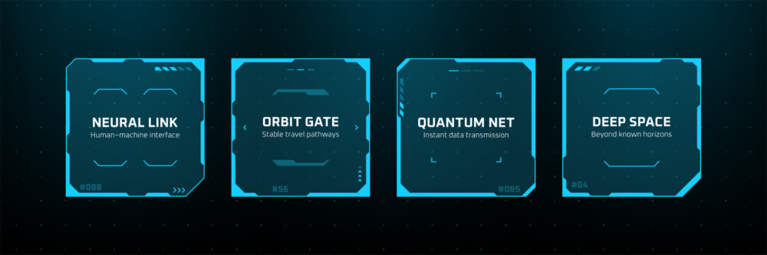 Futuristic HUD interface design with blue digital boxes and technology text labels. Sci-fi control panel elements for virtual user interface. Innovative data visualization for cyberspace.