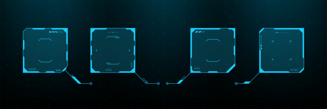 Blue digital interface elements with square data frames. Cybernetic hud vector graphics for sci-fi user screen display. Futuristic technology panel layout for gaming or software design.