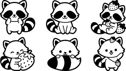 Fototapeta premium Black and white cute raccoon characters holding strawberries and sitting in kawaii style
