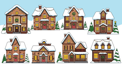 Fototapeta premium Collection of various cozy brick houses decorated with christmas lights and wreaths in a snowy winter landscape at night.