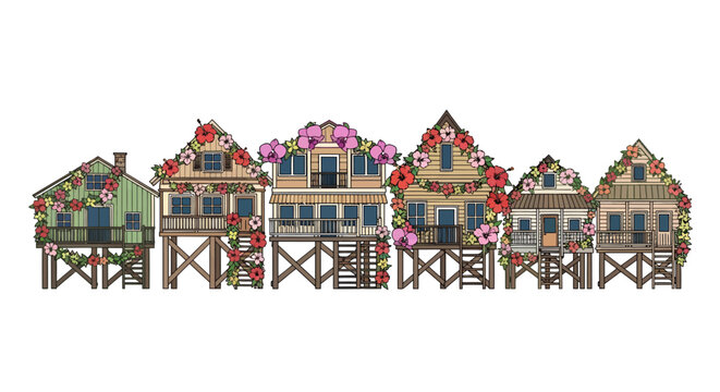 Colorful pixelated houses on stilts with festive decorations