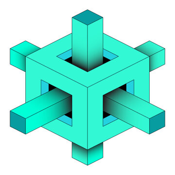 Impossible 3D isometric cube illusion with geometric bars passing through a hollow frame on transparent.