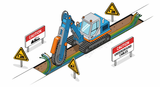 Isometric Trencher Damaging Underground Fiber Optic Cables and Electrical Utilities with Safety Warning Signs on Construction Site