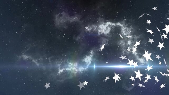 Stars emerging from right, sweeping inward, rotating via flare, forming tech backdrop over nebula