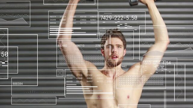 Adult male starting shoulder hold, pressing dumbbells overhead, HUD tracking fitness across torso
