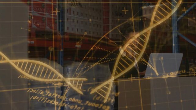 Man on phone checking laptop in warehouse, phone-triggered DNA helix visualizing health data