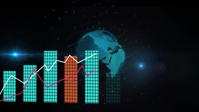 Vertical video: Pink node appearing starting data chart showing network trends while globe rotating