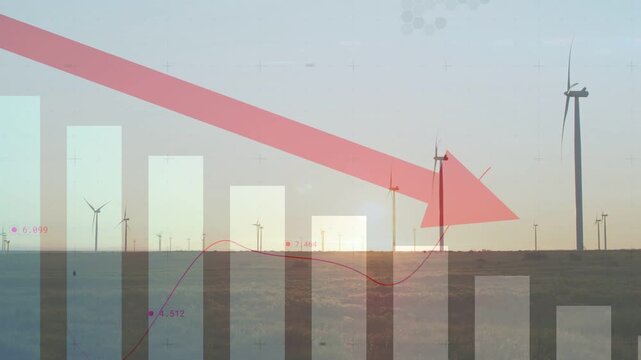 Windfarm and faded bars appearing from below, red arrow angling down, trend line tracing output