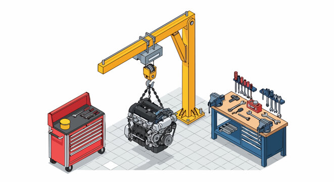 Isometric Car Engine Repair Workshop Illustration with Engine Hoist, Workbench, and Tools in Garage