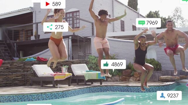 Four friends on cue jumping off pool coping for social sharing, creating social likes near splashes