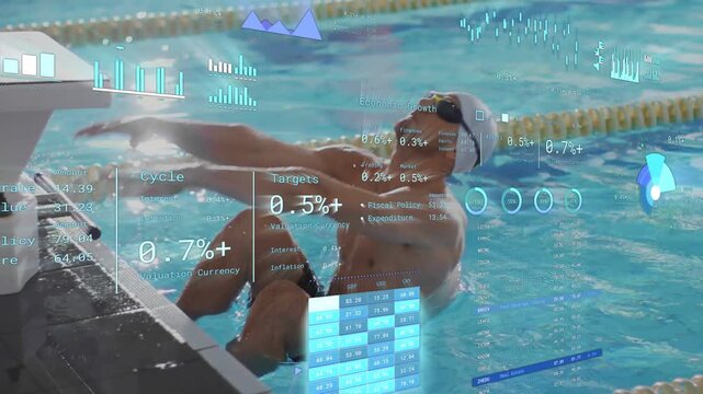 Male swimmer tightening grip on block, pushing off into backstroke while HUD data tracking training