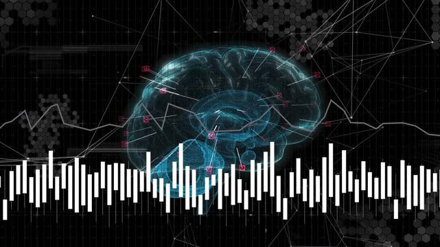 Vertical video: Cyan teal brain rotating in UI as audio activating pink nodes for neural data