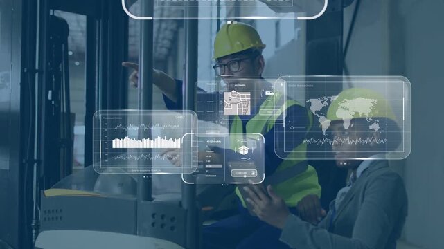 Forklift driver pointing, colleague tapping tablet, AR charts maps emerging and verifying logistics