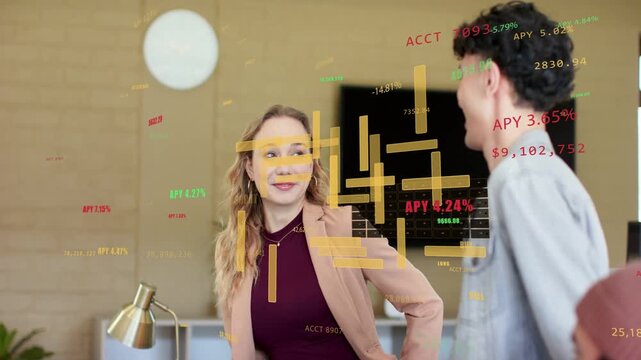 Woman glancing, leaning and laughing while man smiling, finance charts appearing, reviewing data